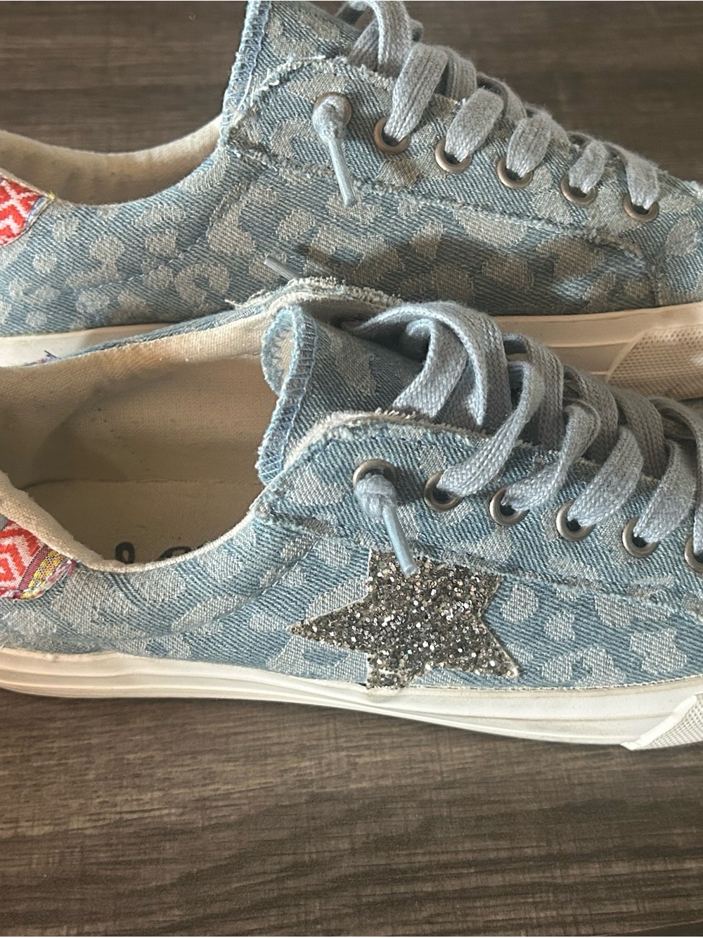 Very G Light Blue Denim Lace-Up Sneakers with Silver Glitter Star